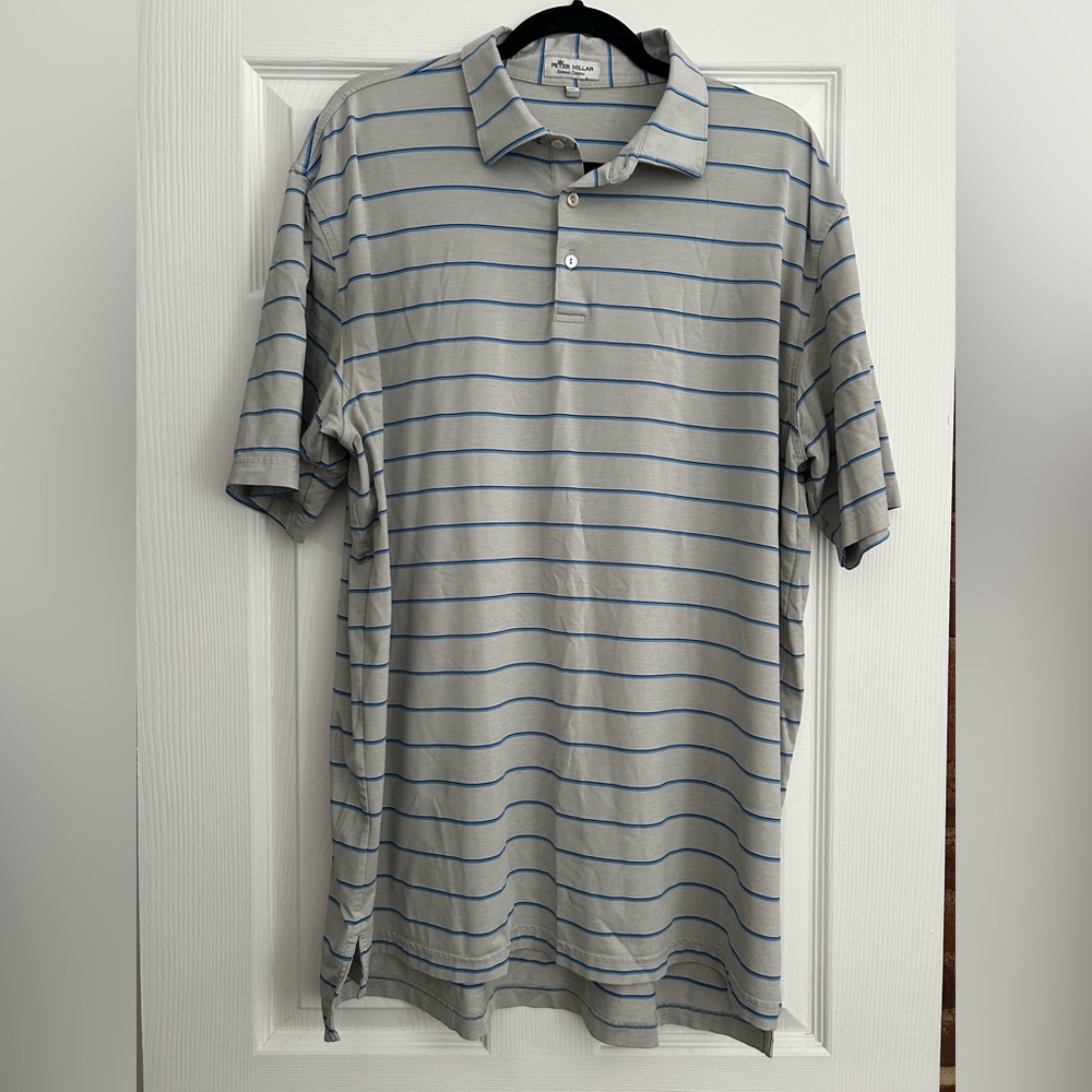 Peter Millar Gray Striped Summer Comfort Polo, XL